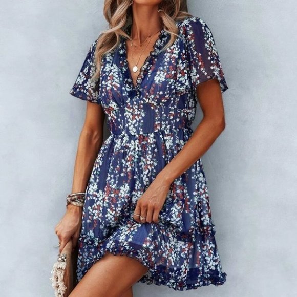 . Dresses & Skirts - Boho Floral Print Frill Trim Dress blue Cottagecore
